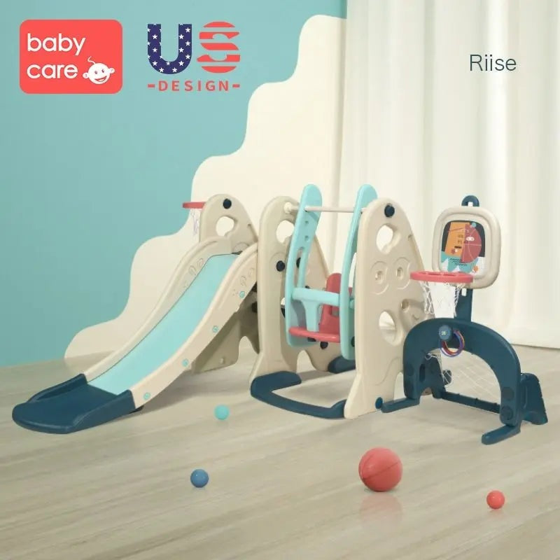 BC Babycare 5 In 1 Slide playset in beige and turquoise with slide, climbing ladder and mini basketball hoop