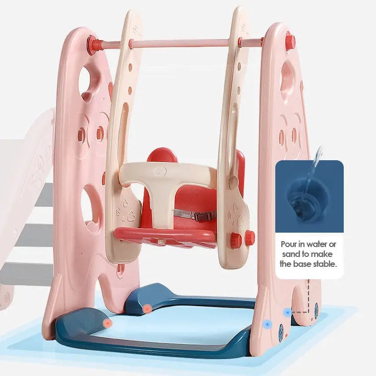 Bc Babycare 5 In 1 Slide playset in pink and blue, featuring a swing between frames with a base filled with water or sand for stability.