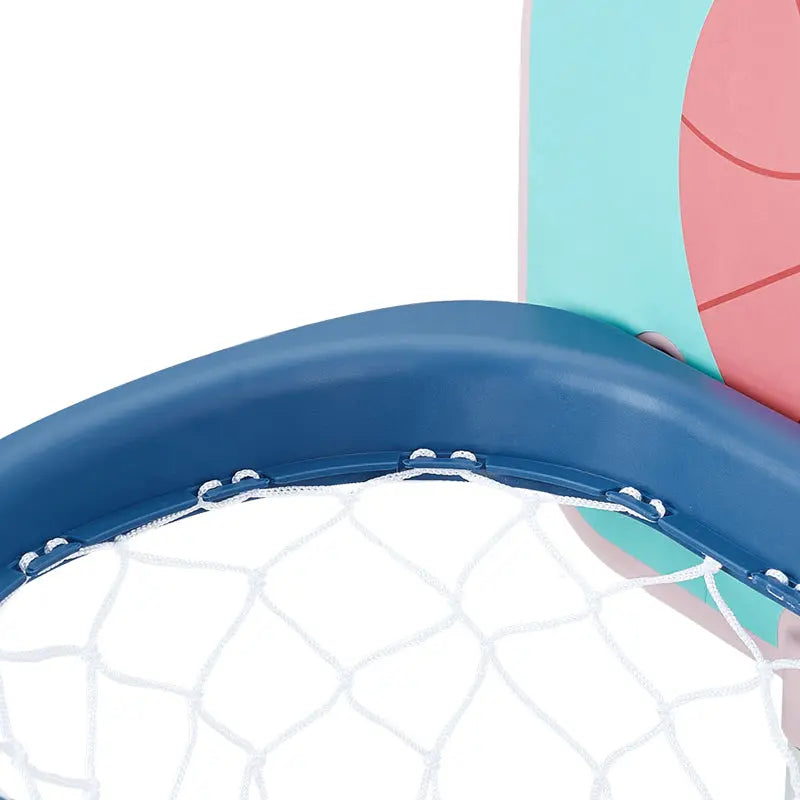 BC Babycare Adjustable Basketball Stand for kids, blue rim with white net, attached to a pastel backboard.