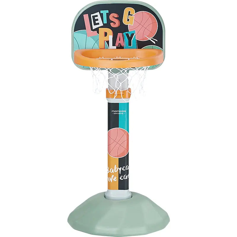 BC Babycare Adjustable Basketball Stand for kids with colorful Lets Go Play backboard, orange hoop, and teal base.
