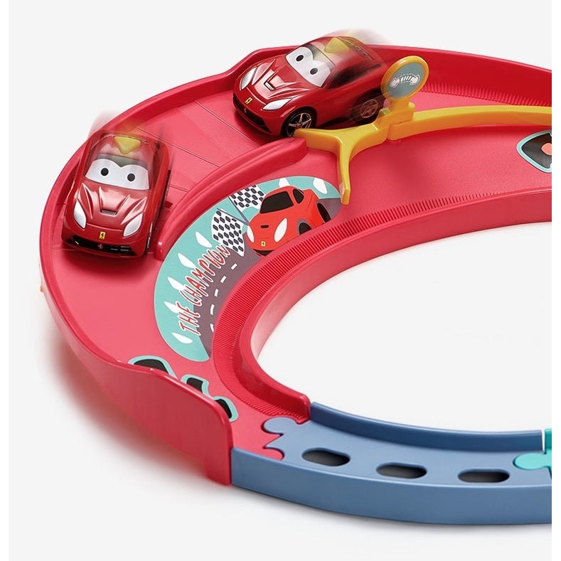 BC Babycare Adventure Racing Circuit toy race track with two red cars on pink and blue curved lanes
