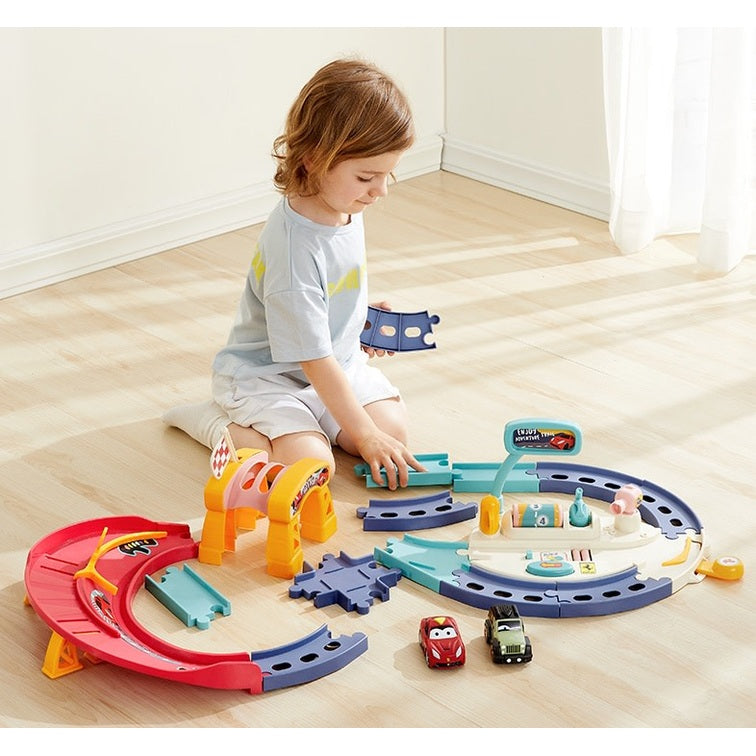 BC Babycare Adventure Racing Circuit colorful modular track pieces with small toy cars set