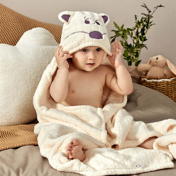 BC Babycare baby hooded bath towel in cream plush with bear hood for infants