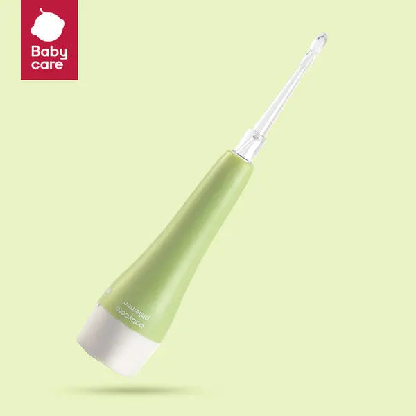 BC Babycare Baby Led Earpick in green with clear tip, held at angle for gentle infant ear care.
