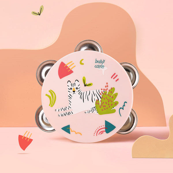 BC Babycare baby tambourine in pink with cat illustration and metal jingles