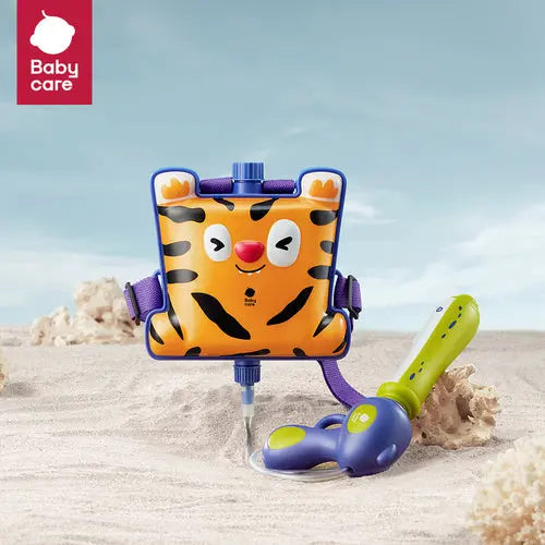 BC Babycare Backpack Water Blaster 1500 ml tiger print with blue accents; child uses wand to spray water.