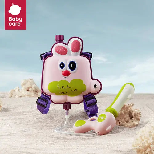 BC Babycare Backpack Water Blaster 1500 ml backpack with pink cartoon-face design and purple straps, wand attached.