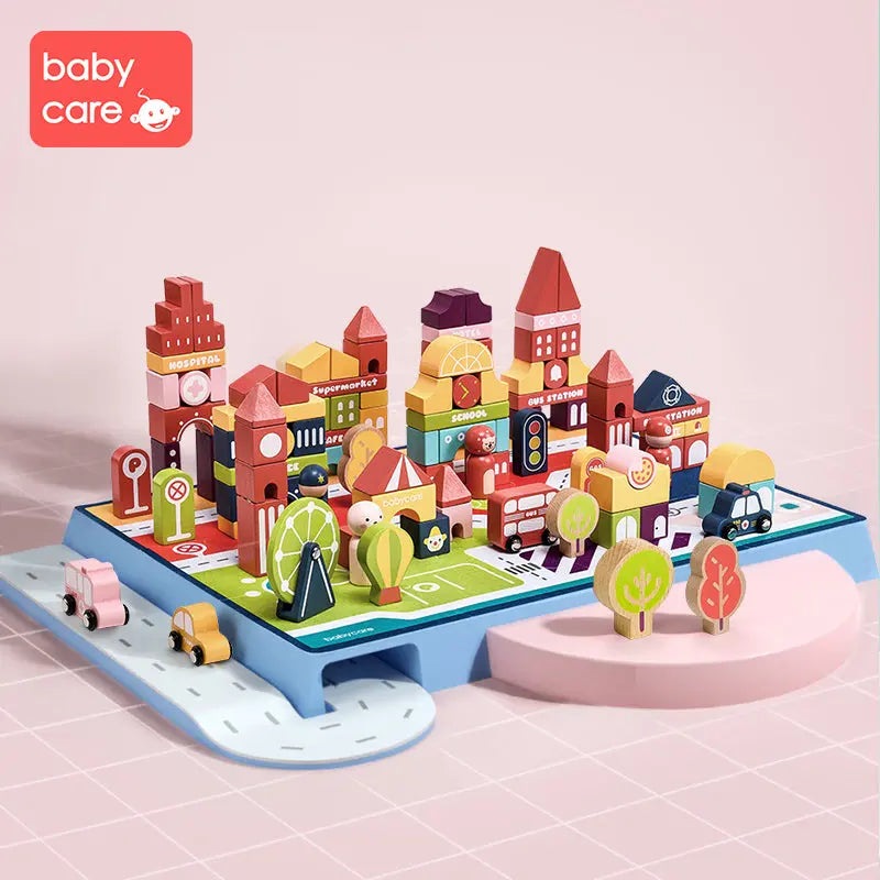 BC Babycare Building Blocks city playset with colorful wooden buildings and roads, where kids push tiny cars along.