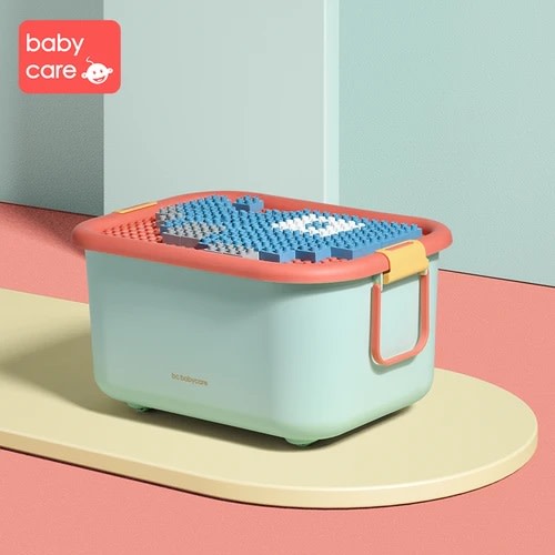 Bc Babycare building blocks storage box, mint blue with orange lid and handle for toy storage