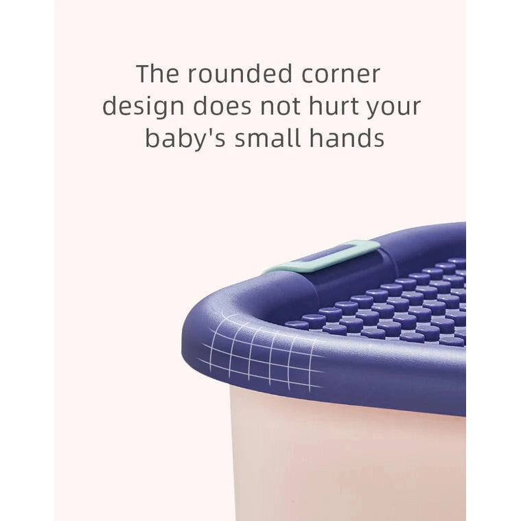 BC Babycare building blocks storage box with purple lid, mint latch, rounded corners