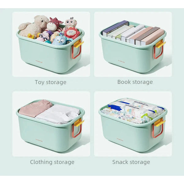 BC Babycare Building Blocks Storage Box set of four mint green containers with yellow handles for toy, book, clothing, and snack storage.