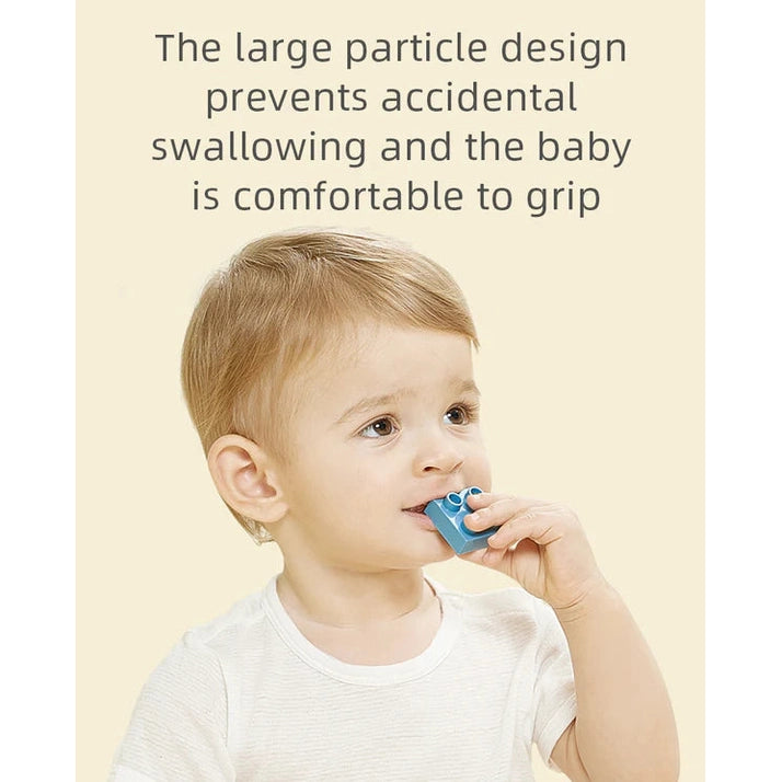 BC Babycare Building Blocks Storage Box; toddler with blue block, safe toy storage for kids