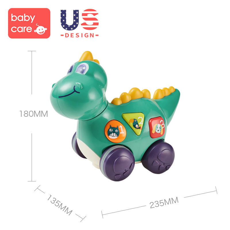 BC Babycare Bump & Go Toy dinosaur on green body with purple wheels and colorful side icons.