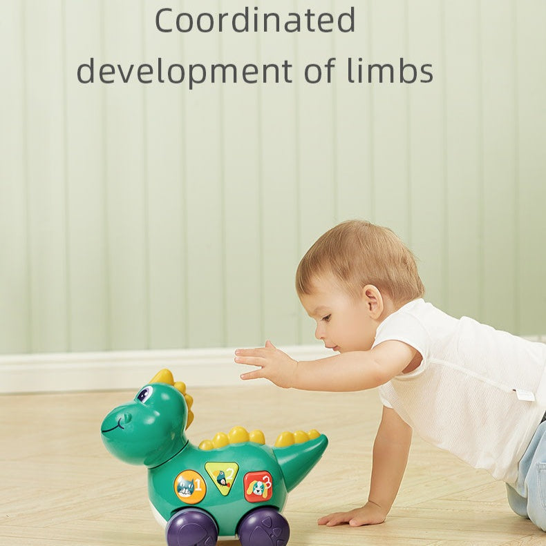 BC Babycare Bump & Go Toy green dinosaur with purple wheels and yellow spikes; toddler playing