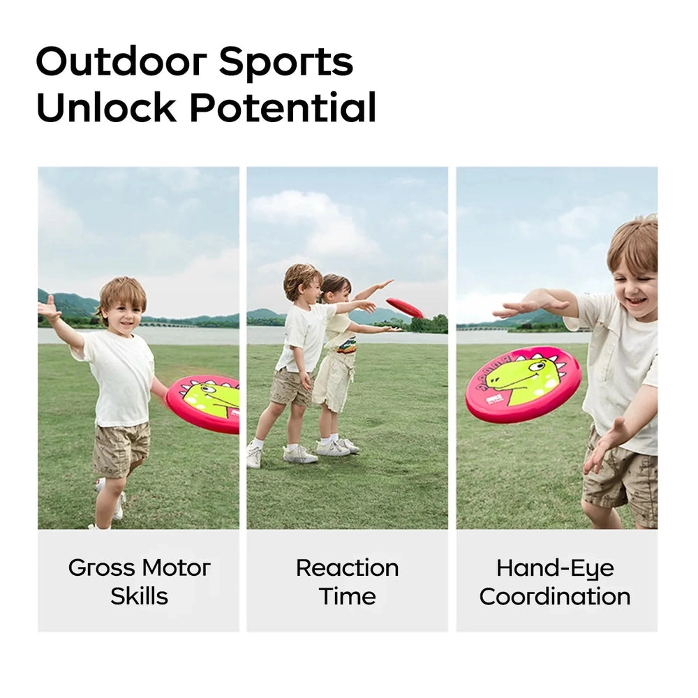 BC Babycare children soft frisbee; three-panel outdoor scene with kids playing in a park