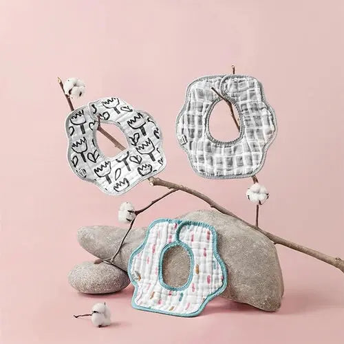 BC Babycare Cotton Flower Shaped Bibs 3Pcs laid flat showcasing soft cotton fabric in assorted prints.