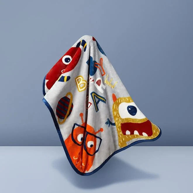 BC Babycare Cozy Blanket Dual Layer Beast baby receiving blanket being held up with a colorful monster print.