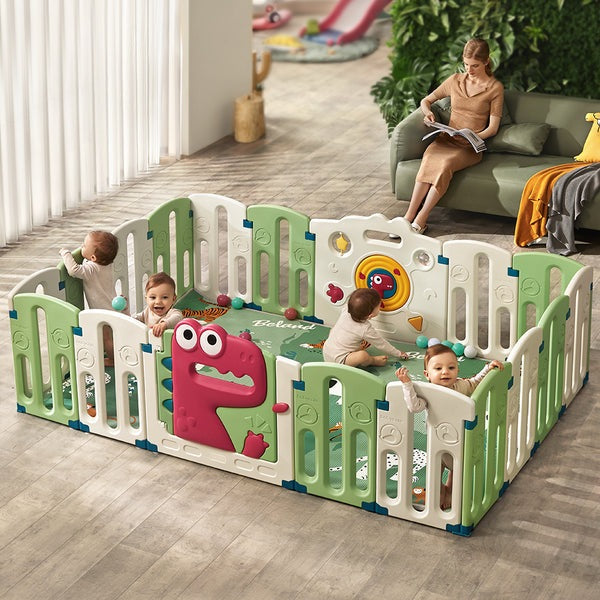 BC Babycare Dino Barron Playpen; green and white plastic safety playpen with pink dinosaur panel, four babies inside