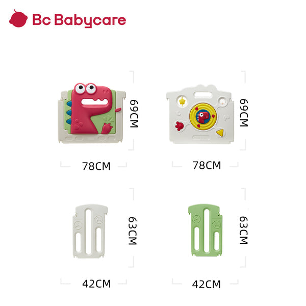 Bc Babycare Dino Barron Playpen 4-piece safety set with red dinosaur panel, white panel, gray and green connectors