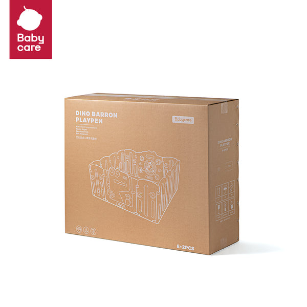 BC Babycare Dino Barron Playpen packaging box, brown cardboard with line-art illustration, 8+2 pieces for baby safety