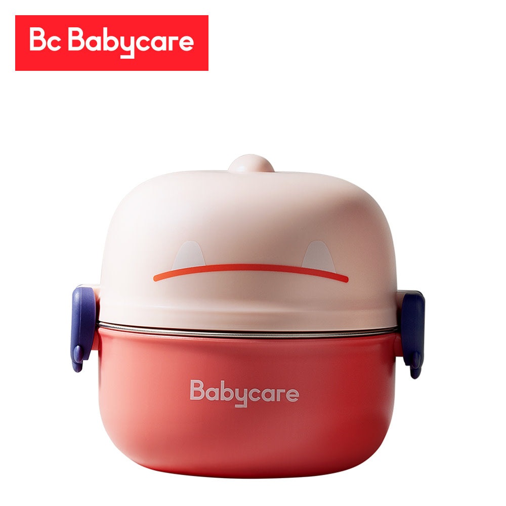 Bc Babycare Dino portable tableware set for toddlers, pink lid with red smile and blue clasps