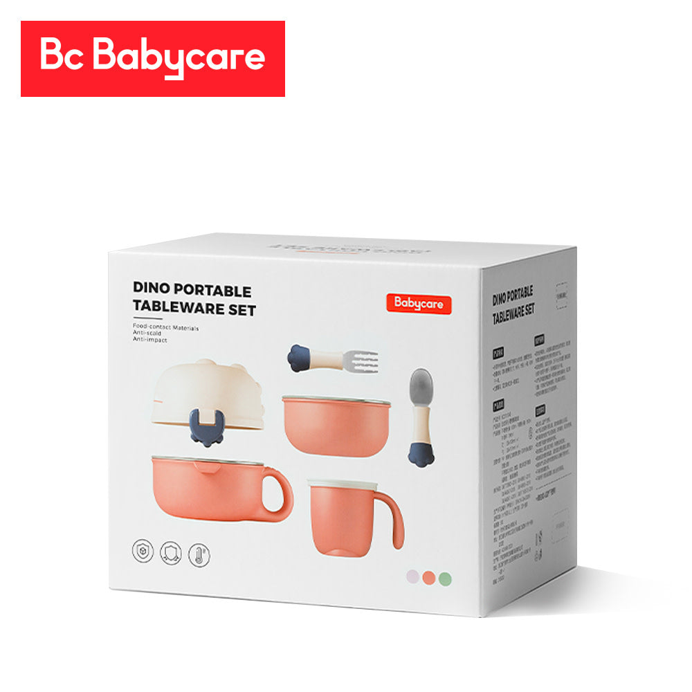 Dino Portable Tableware Set by BC Babycare; coral orange cups, bowls and utensils on white box