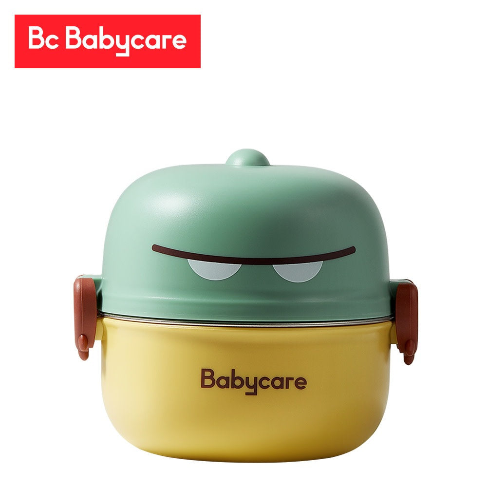 Dino portable tableware set by BC Babycare with green lid and yellow base