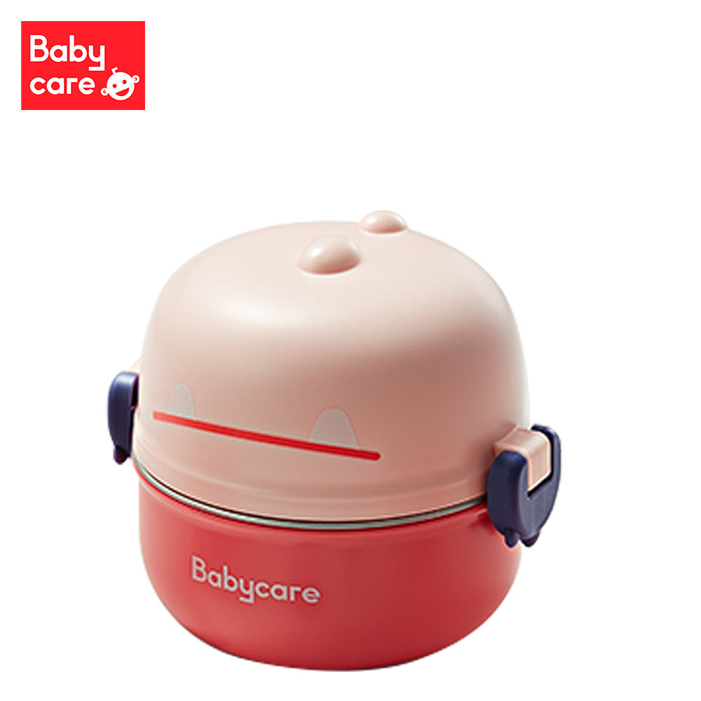 BC Babycare Dino portable tableware set with pink lid and red base, blue side clasps