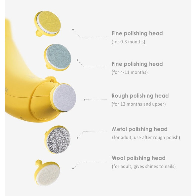 BC Babycare electric nail trimmer polisher with five heads for baby nails, yellow body