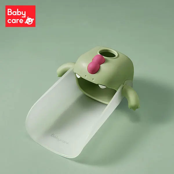 BC Babycare Faucet Extender frog design in green, with a white ramp guiding water for toddler bath time