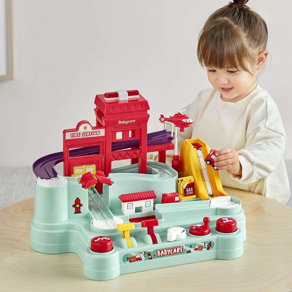 BC Babycare Fire Station Adventure Toy Set with red multi-level track and yellow vehicle accessories for toddlers