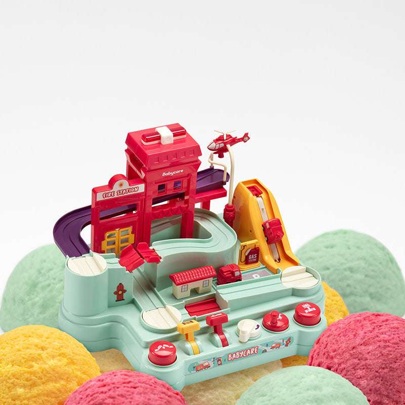 BC Babycare Fire Station Adventure Toy Set for toddlers, colorful plastic with red fire station and winding track