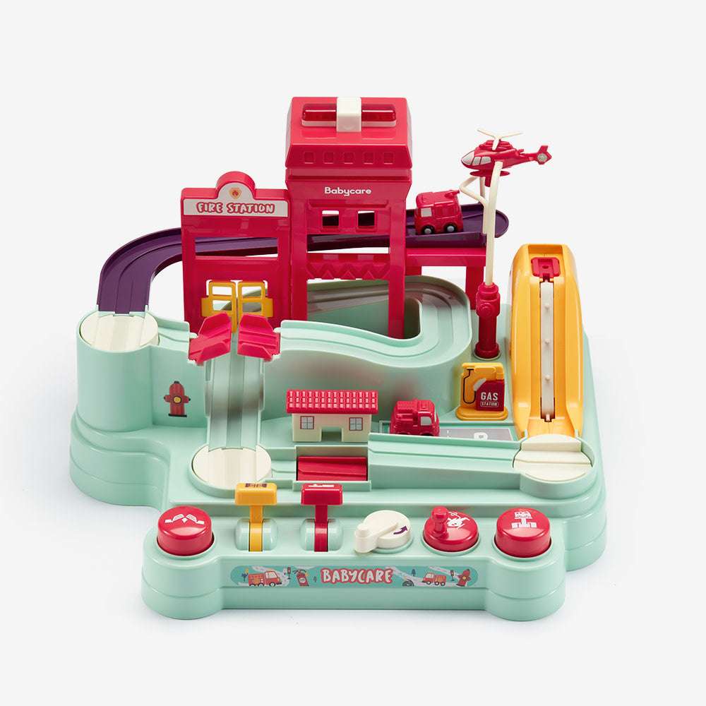 BC Babycare fire station adventure toy set with pastel teal track, red vehicles and ramps