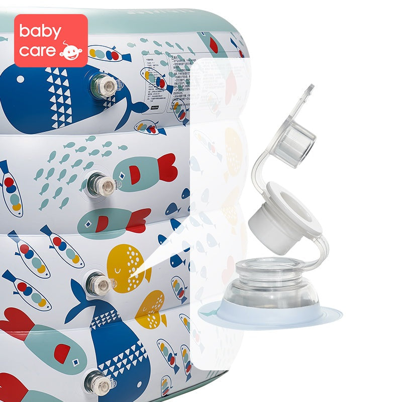 BC Babycare inflatable swimming pool with E-pump, featuring colorful fish print panels.