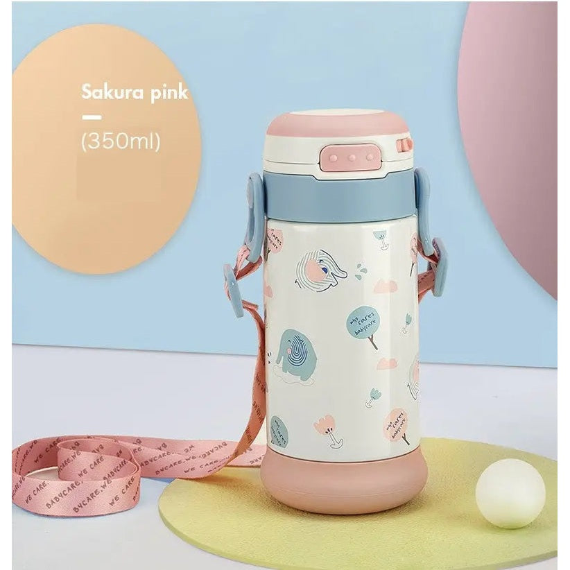 BC Babycare Kids Insulated Straw Bottle With Sakura, 350ml, pastel pink lid, blue accents, detachable pink strap