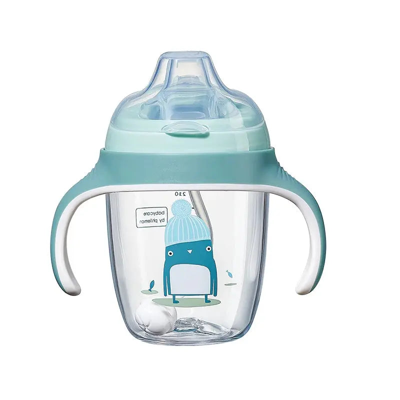 BC Babycare Kids Sippy Cup With Straw 210 ml in turquoise blue with white handles, featuring a translucent lid
