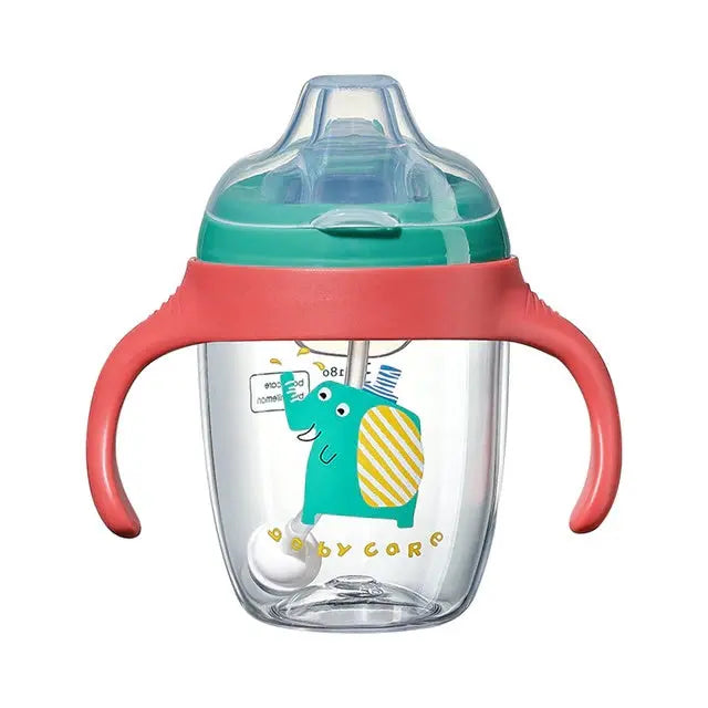 Bc Babycare Kids Sippy Cup With Straw 210 ml, pink handles, teal lid, clear cup with elephant graphic.