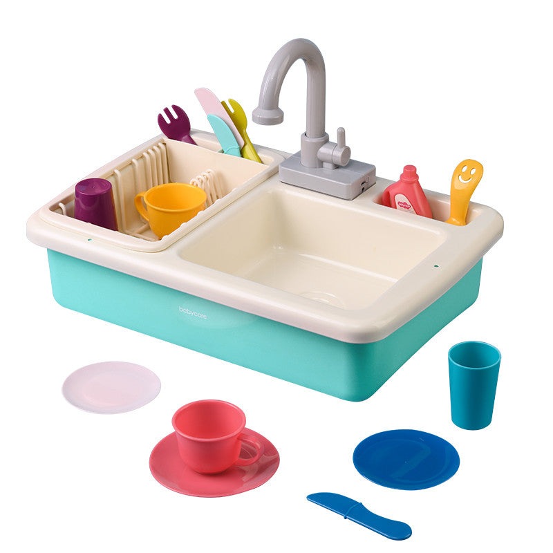 Bc Babycare kitchen toy set with teal base, beige sink, faucet, dish rack, and colorful utensils and dishware