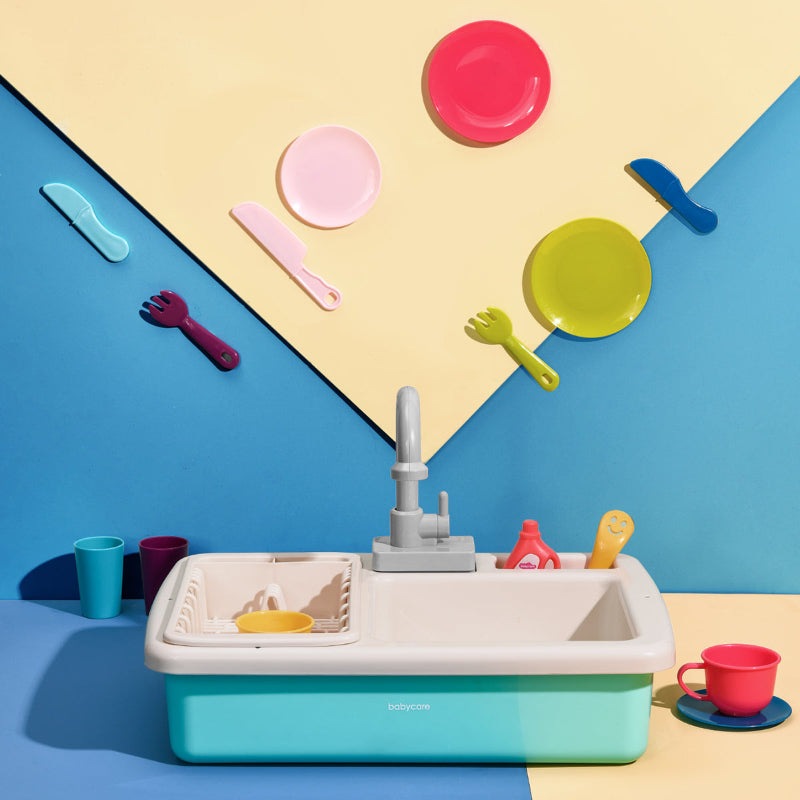 BC Babycare kitchen toy set with plastic sink and faucet, colorful plates, cups and utensils