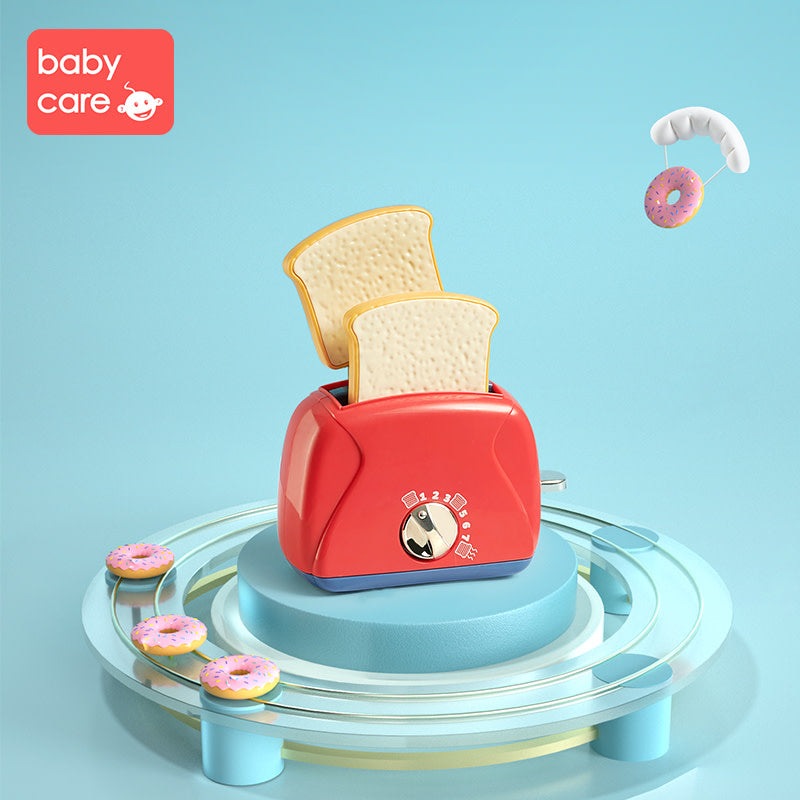 BC Babycare Little Cooker Toaster Toy in red with two bread slices on a blue pedestal.
