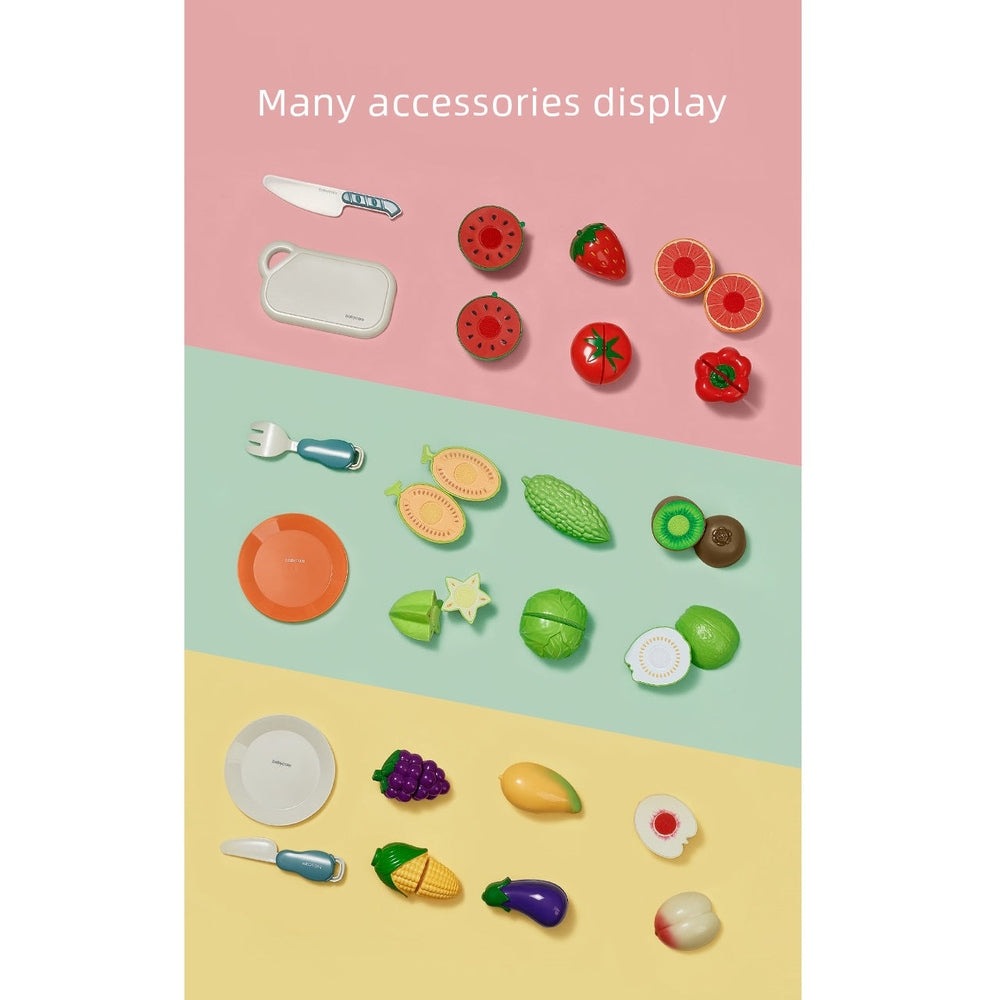 BC Babycare Little Cooker toy set with numerous colorful plastic fruit and vegetables play food pieces