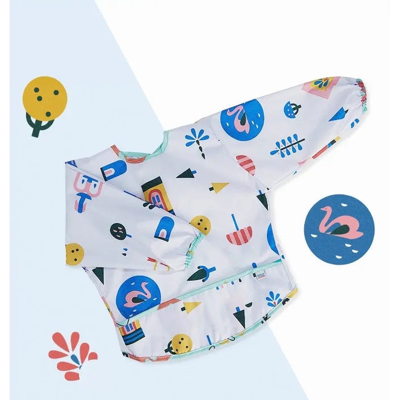 BC Babycare Long Sleeve Bib in white with colorful print, designed to protect
