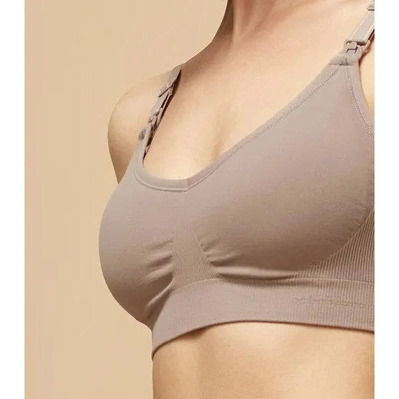 BC Babycare Maternity Breathable Nursing Bra Brown, seamless cups worn by model with adjustable straps for support.