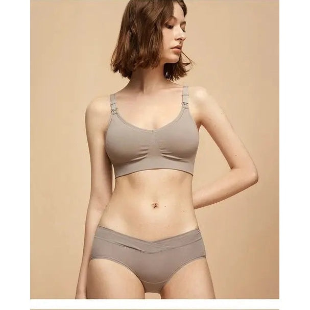 BC Babycare Maternity Breathable Nursing Bra Brown with adjustable straps, worn by a model in matching panties.