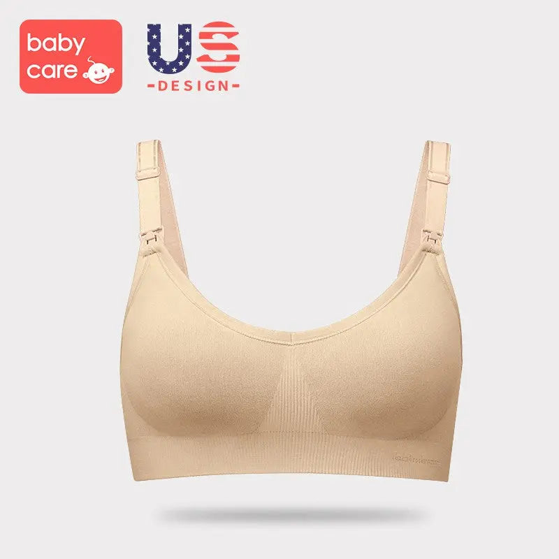 BC Babycare Maternity Breathable Nursing Bra Complexion beige with seamless fabric and adjustable straps shown for secure fit.