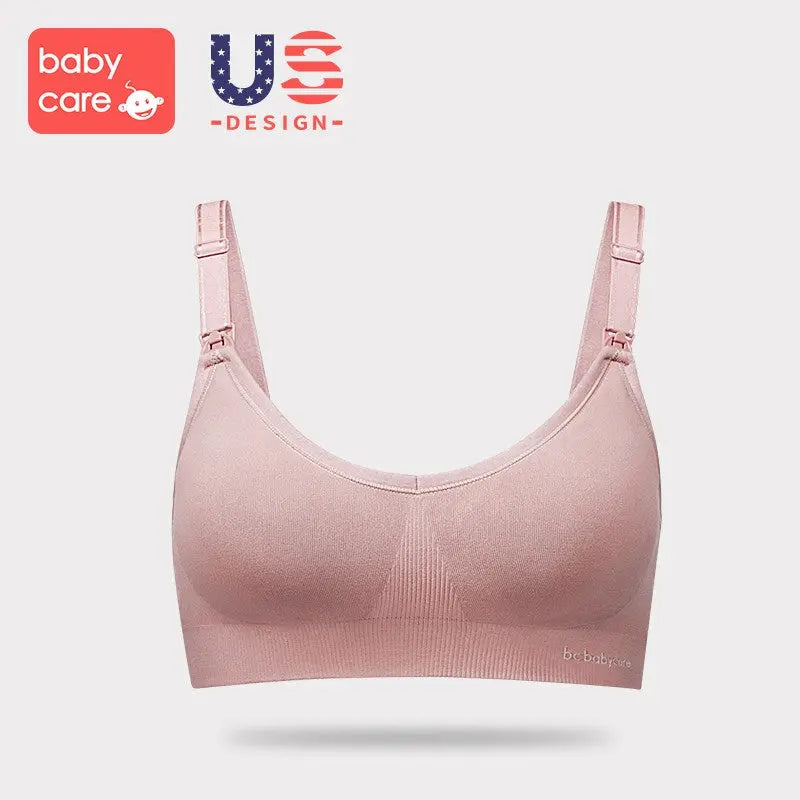 BC Babycare Ville maternity nursing bra in pink, breathable fabric, seamless cups, adjustable straps shown.