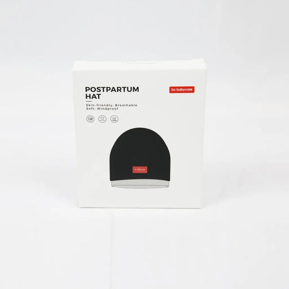 BC Babycare Maternity Hat, black knit postpartum cap, shown boxed to emphasize easy, comfortable wear.