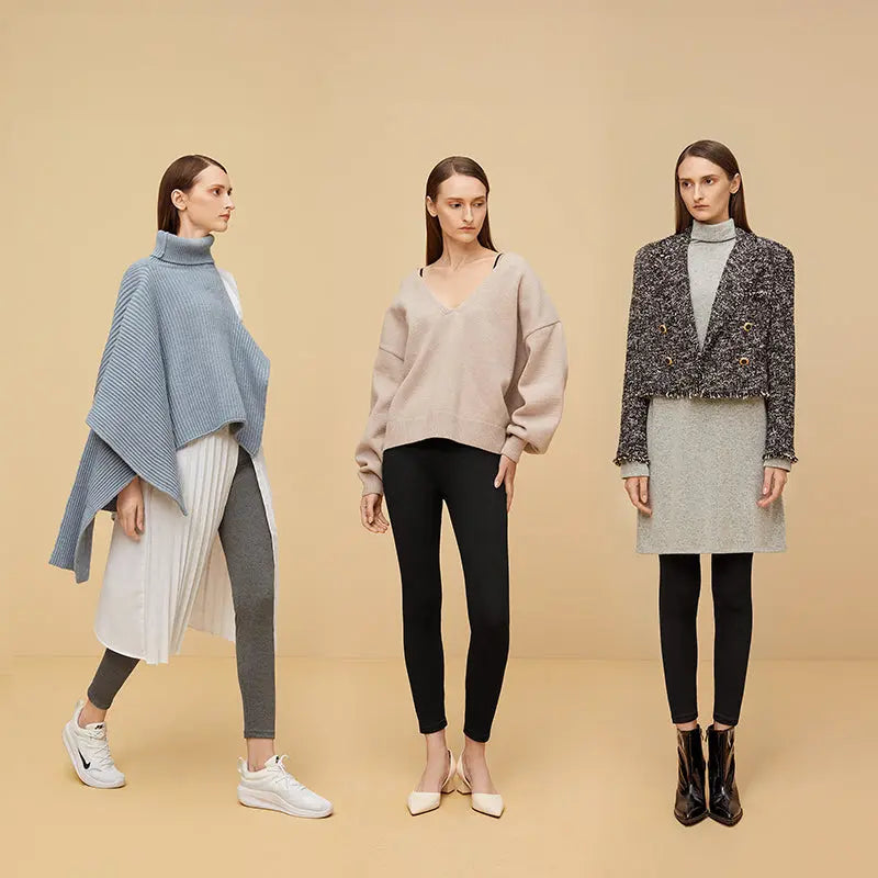 BC Babycare Maternity Leggings Black worn by three models in cozy knits, showing soft, stretchy fabric and comfortable fit.