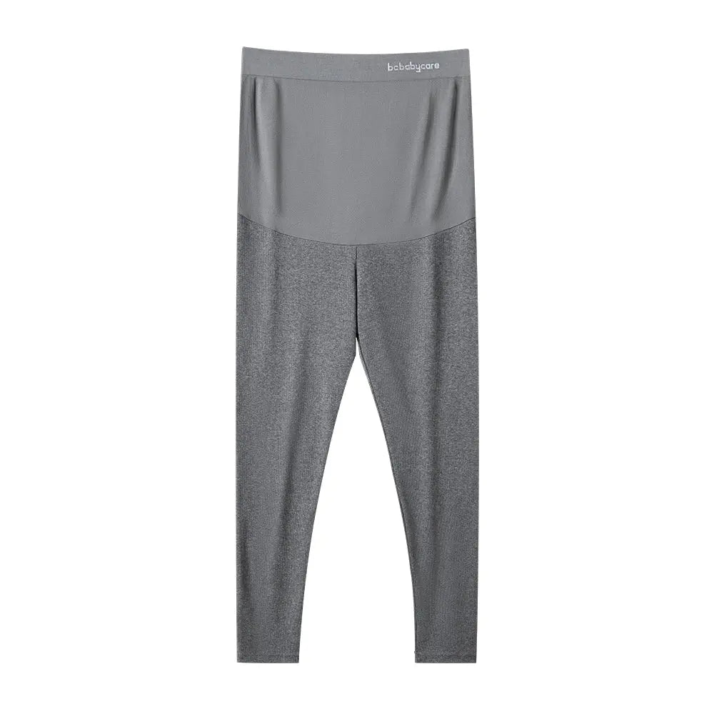 BC Babycare Maternity Leggings Grey with high‑waist panel and stretchy fabric shown smoothing over a pregnant belly