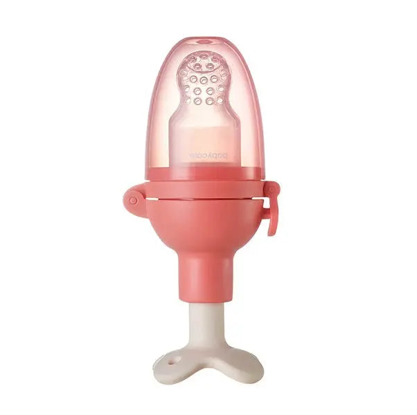 BC Babycare Nutrition Feeder pink bottle with dome cover and stand, ready for use.